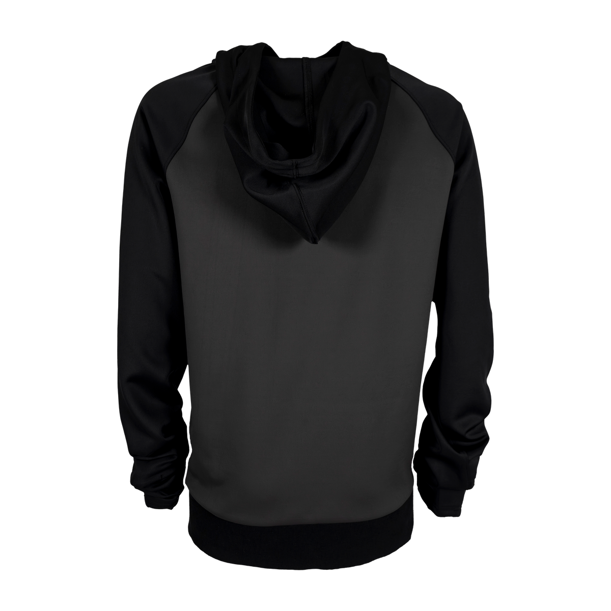 Spika GO Scuba men's slate and black hoodie, back view showing contrast raglan sleeves