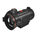 ThermTec Hunt Pro 650 thermal clip-on, front three-quarter view of large objective lens and dial