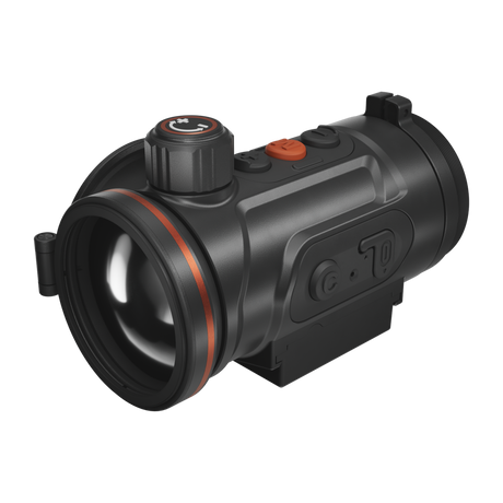 ThermTec Hunt Pro 650 thermal clip-on, front three-quarter view of large objective lens and dial