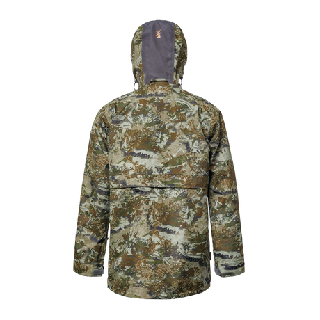 Spika Buckland men's Biarri Camo jacket, back view with grey hood panel and stag logo