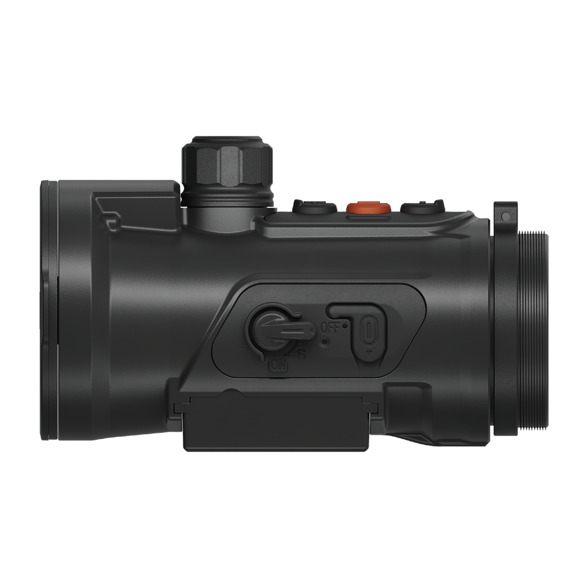 ThermTec Hunt Pro 635L thermal clip-on, power switch side profile with objective cap fitted