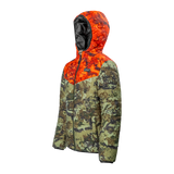 Spika Terra kids' puffer jacket in Biarri Camo/Blaze, three-quarter view with hood up