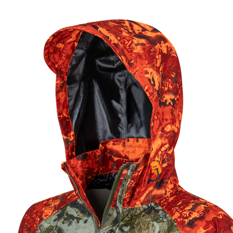 Spika Valley men's jacket Biarri Camo/Blaze hood, side close-up showing black lining and zip