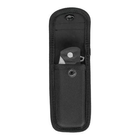 Spika Bushmaster Viper closed folding knife stored inside the black nylon pouch with flap open