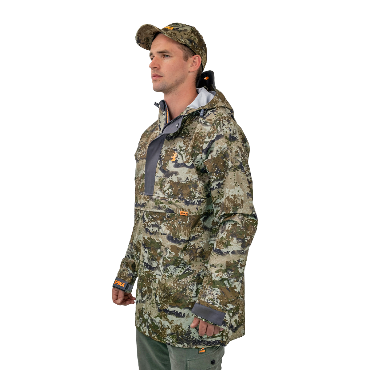 Model in the Spika Buckland men's Biarri Camo smock and camo cap, three-quarter side view