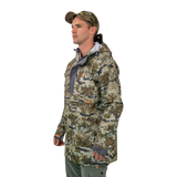 Model in the Spika Buckland men's Biarri Camo smock and camo cap, three-quarter side view