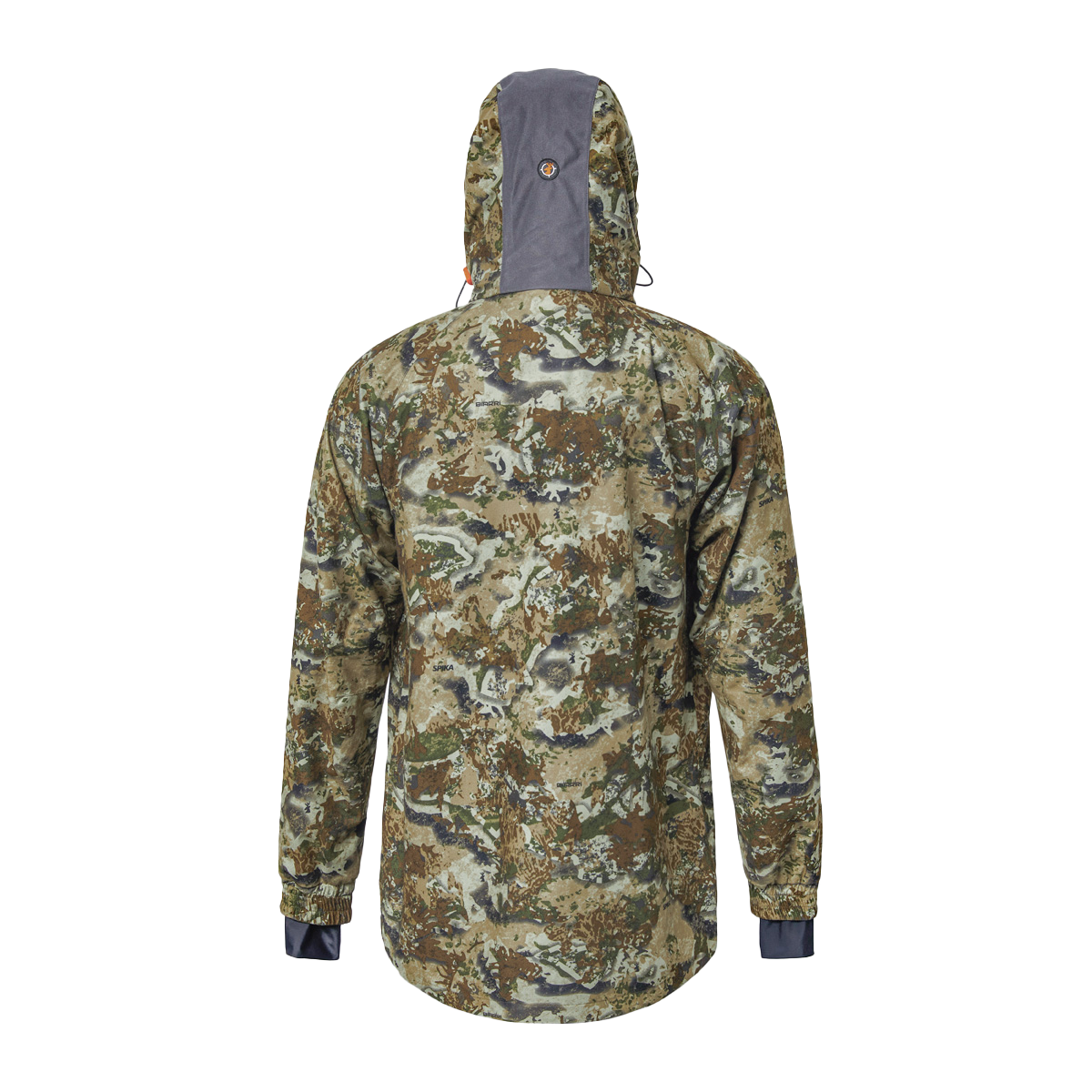 Spika Valley men's hunting jacket in Biarri Camo, back view showing grey hood panel