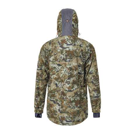 Spika Valley men's hunting jacket in Biarri Camo, back view showing grey hood panel