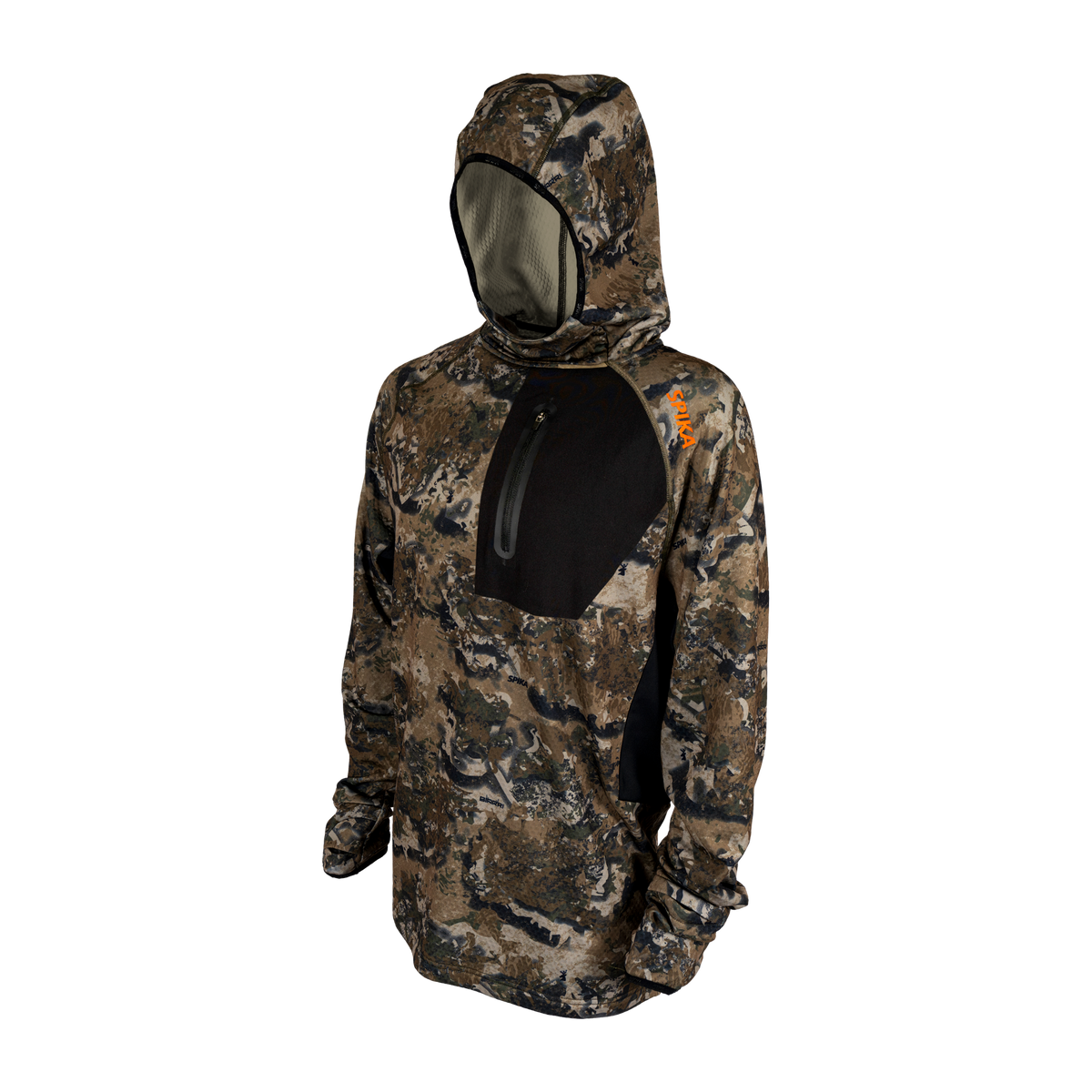 Spika men's microfleece hunting hoodie in Biarri Camo, three-quarter view with hood up