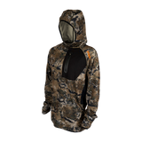 Spika men's microfleece hunting hoodie in Biarri Camo, three-quarter view with hood up