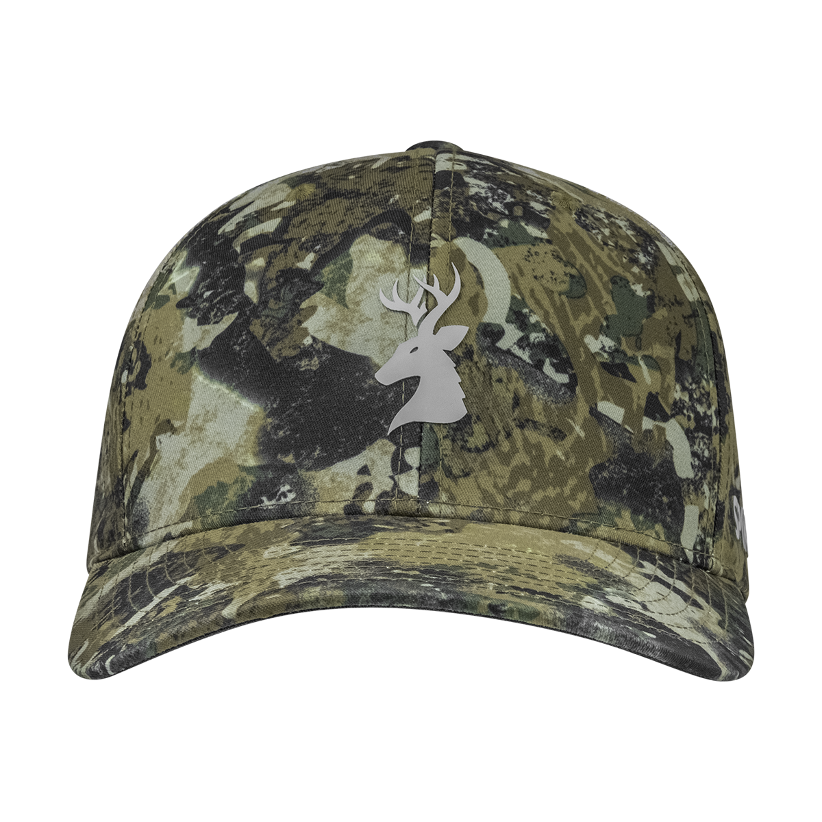 Spika Ranger adult Flexfit cap in Biarri Camo, front view of the embroidered deer head logo