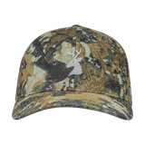 Spika Ranger adult Flexfit cap in Biarri Camo, front view of the embroidered deer head logo