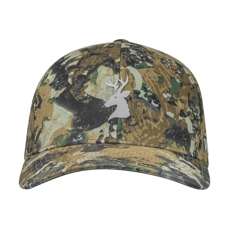 Spika Ranger adult Flexfit cap in Biarri Camo, front view of the embroidered deer head logo