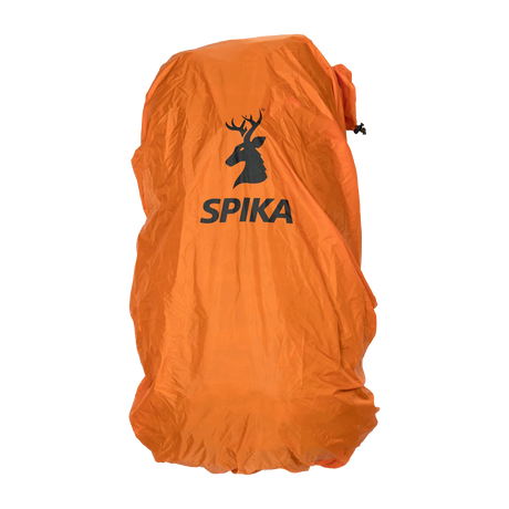 Spika Drover II Hauler 80L pack covered by an orange rain cover printed with the Spika stag logo