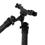 Close-up of the Velocity Carbon Bipod 5-18in picatinny and ARCA mount and leg hinge