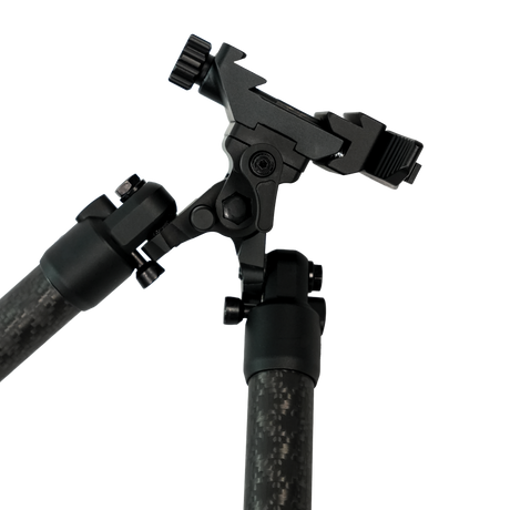 Close-up of the Velocity Carbon Bipod 5-18in picatinny and ARCA mount and leg hinge