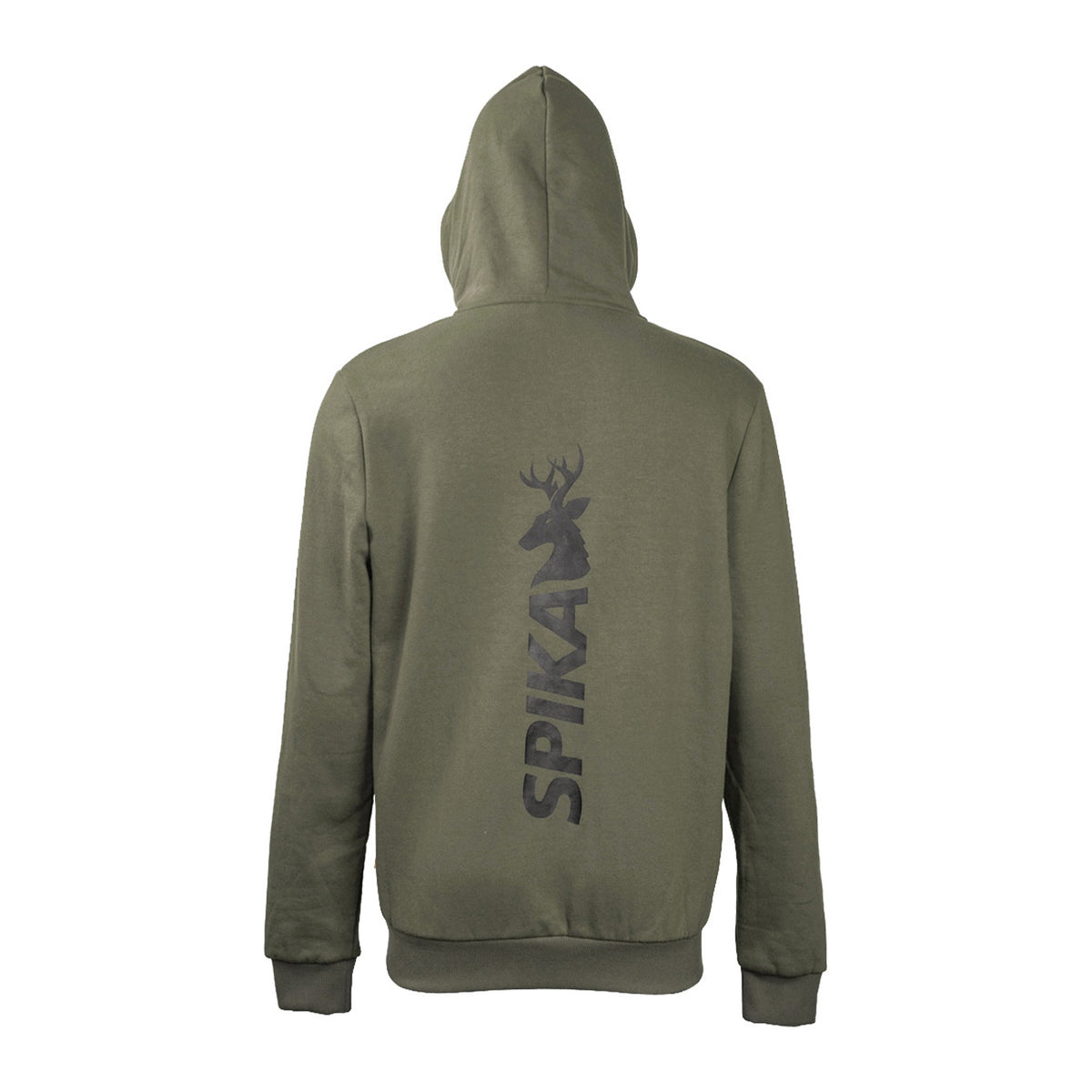 Spika GO Core men's zip-through hoodie in olive, back view with vertical stag SPIKA print