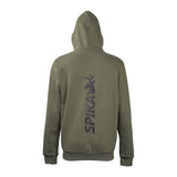 Spika GO Core men's zip-through hoodie in olive, back view with vertical stag SPIKA print