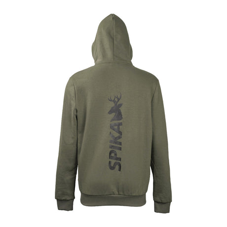 Spika GO Core men's zip-through hoodie in olive, back view with vertical stag SPIKA print