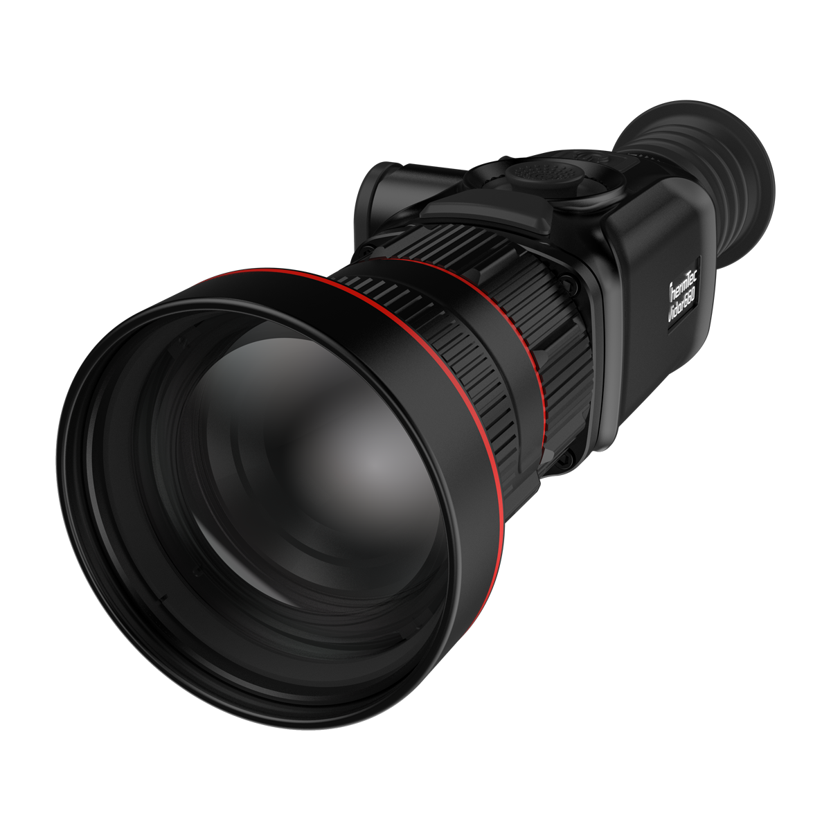 ThermTec Vidar 660 2.0 thermal compact scope, low front three-quarter view of the wide objective lens