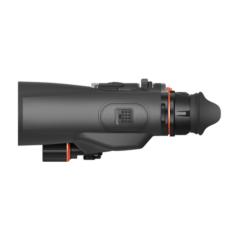 ThermTec Ventus 635L multi-spectrum binoculars in grey, right side profile with eyecup and side button