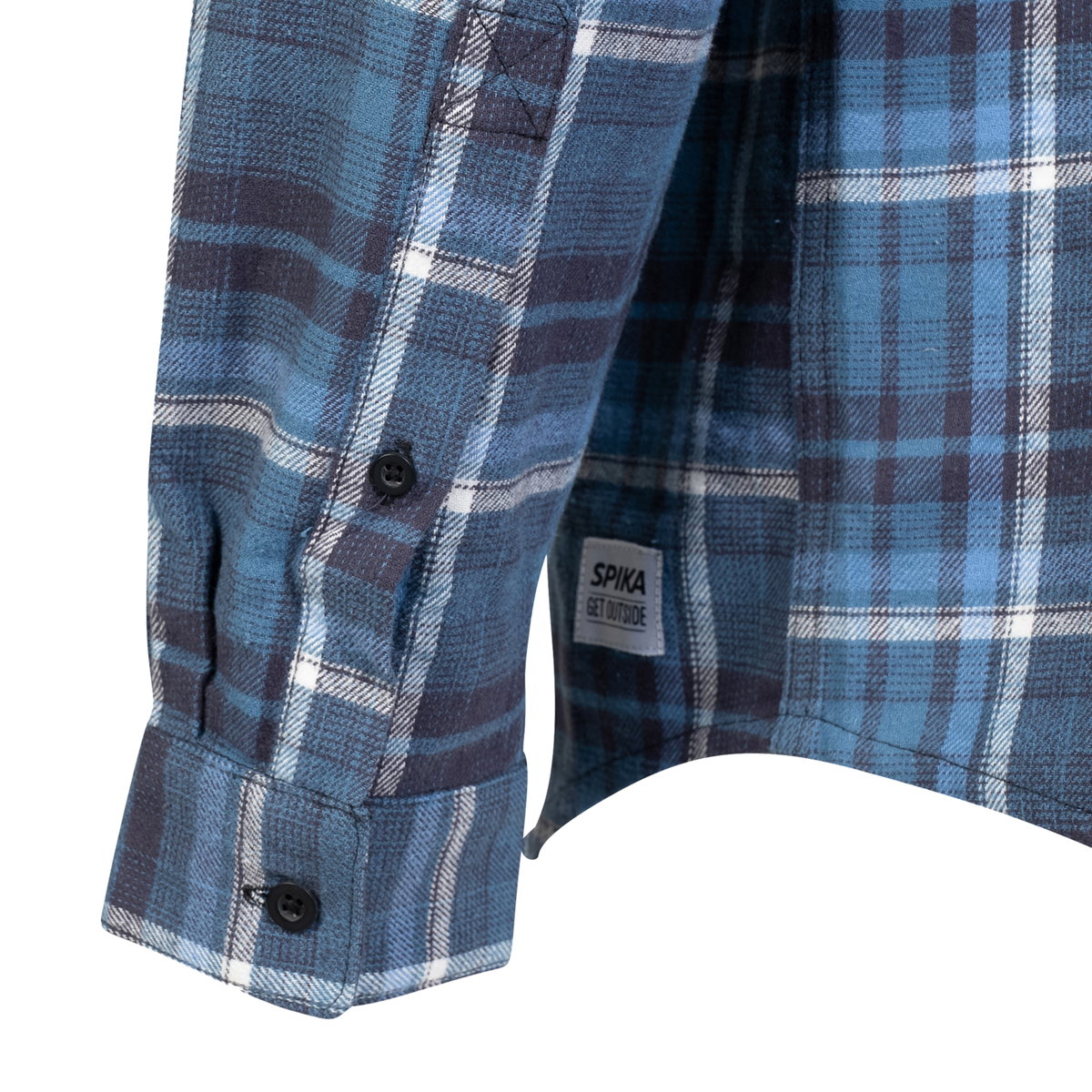 Spika men's Blue/Black flannel shirt close-up of the buttoned cuff and Get Outside hem tag