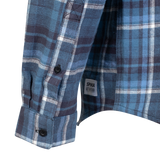 Spika men's Blue/Black flannel shirt close-up of the buttoned cuff and Get Outside hem tag