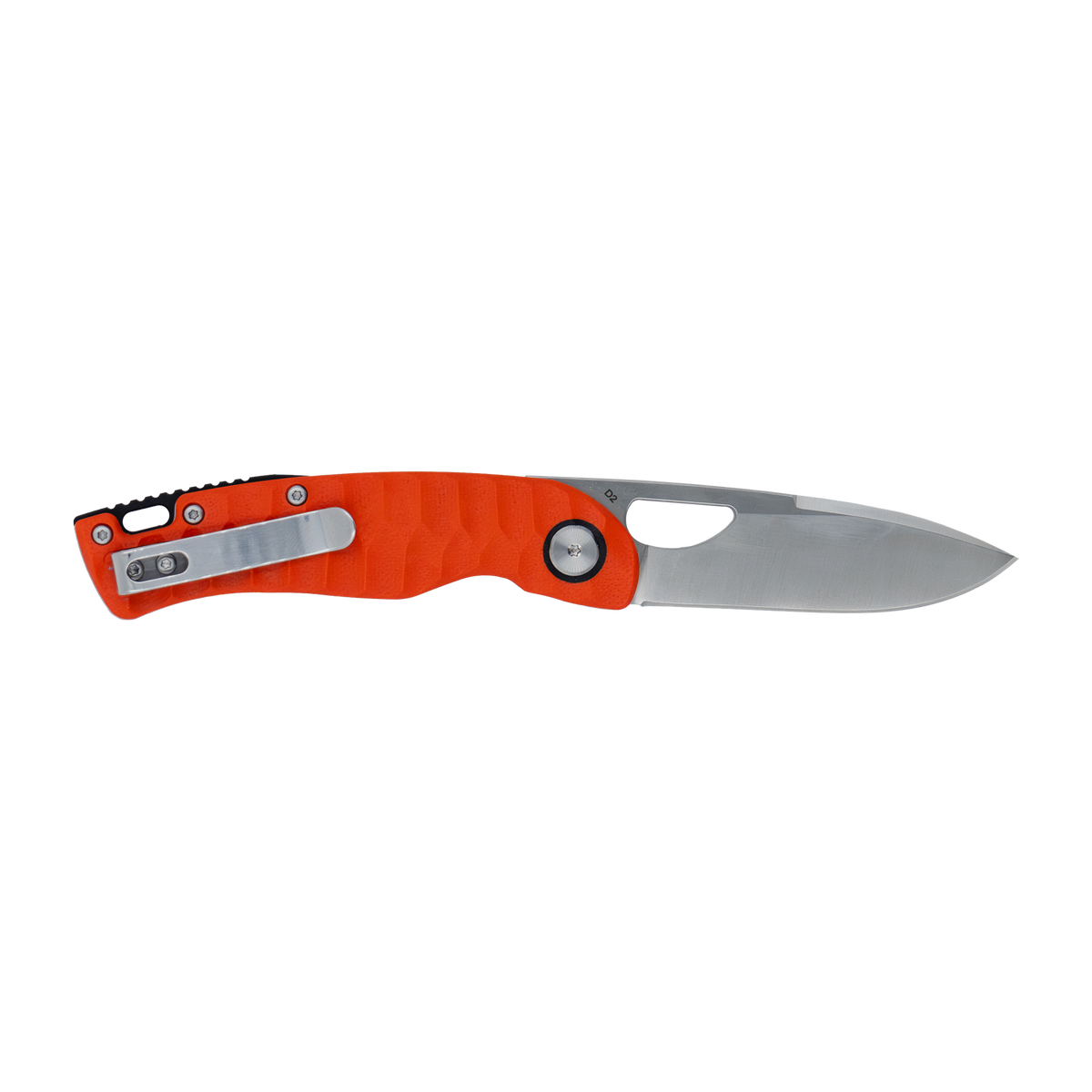 Spika Bushmaster Tango folding knife opened, reverse side with steel pocket clip on orange handle