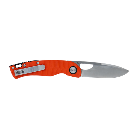 Spika Bushmaster Tango folding knife opened, reverse side with steel pocket clip on orange handle