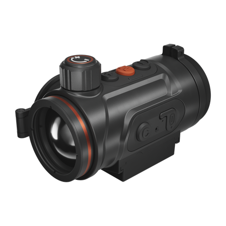 ThermTec Hunt Pro 335 thermal clip-on, front three-quarter view of objective lens and control dial
