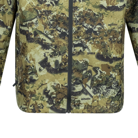 Spika Scout men's jacket in Biarri Camo, lower front close-up with Spika and Biarri logos