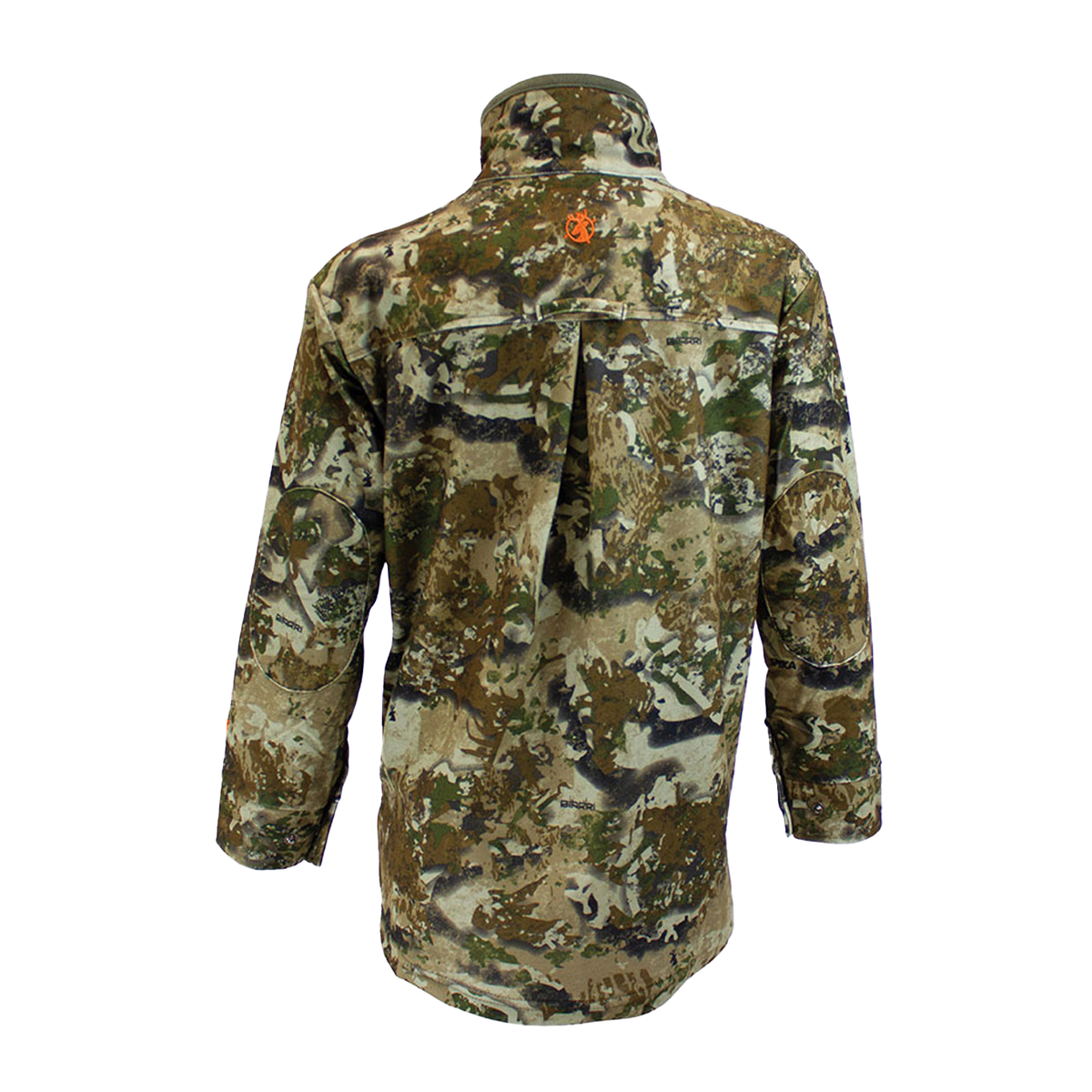 Spika Tracker kids' long sleeve shirt in Biarri Camo, back view with vented yoke and orange logo