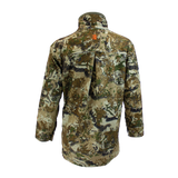 Spika Tracker kids' long sleeve shirt in Biarri Camo, back view with vented yoke and orange logo