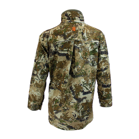 Spika Tracker kids' long sleeve shirt in Biarri Camo, back view with vented yoke and orange logo