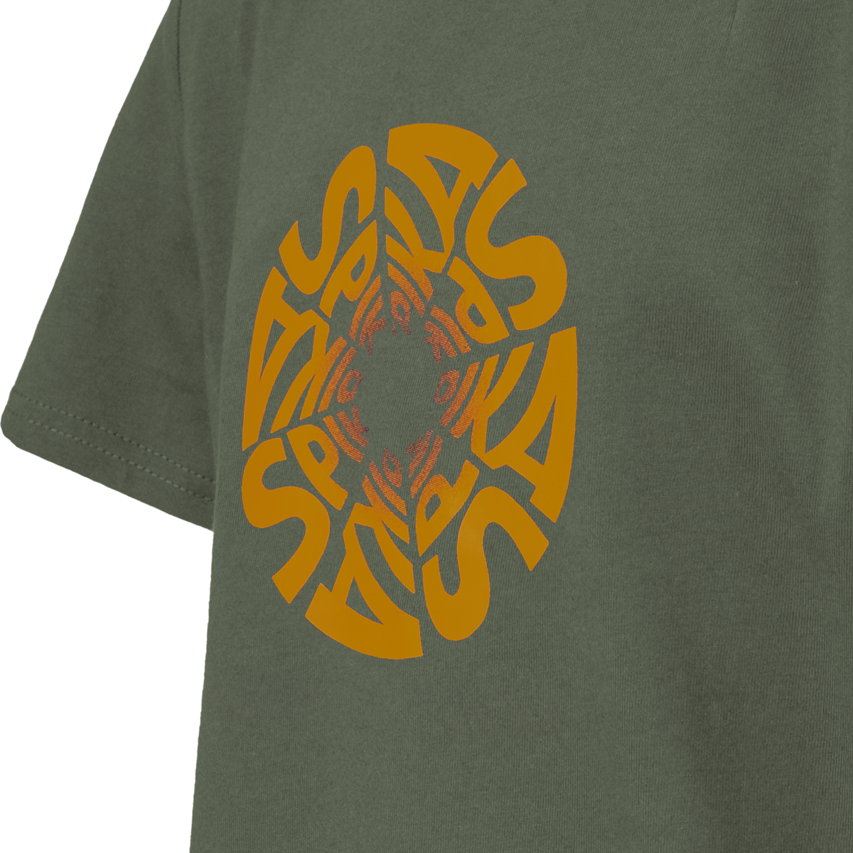 Spika GO Seeker kids' t-shirt in Olive, close-up of the orange swirling Spika wordmark print