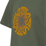 Spika GO Seeker kids' t-shirt in Olive, close-up of the orange swirling Spika wordmark print
