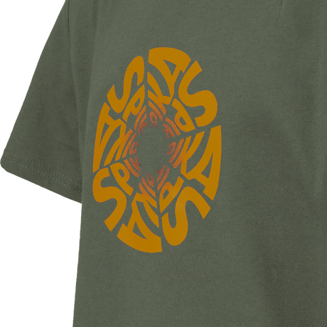 Spika GO Seeker kids' t-shirt in Olive, close-up of the orange swirling Spika wordmark print