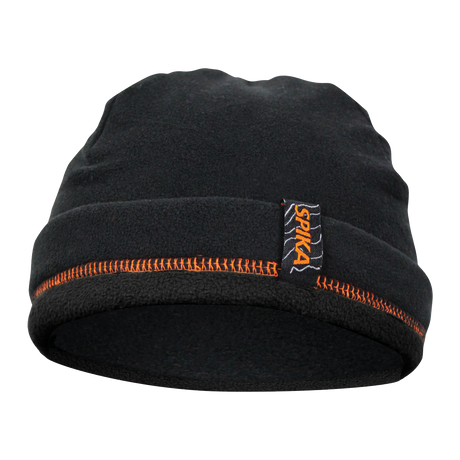 Spika black fleece beanie with orange stitching and Spika tag, part of the Kids 5 Piece Box Pack