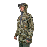Model wearing the Spika Buckland Biarri Camo jacket with hood up, three-quarter view