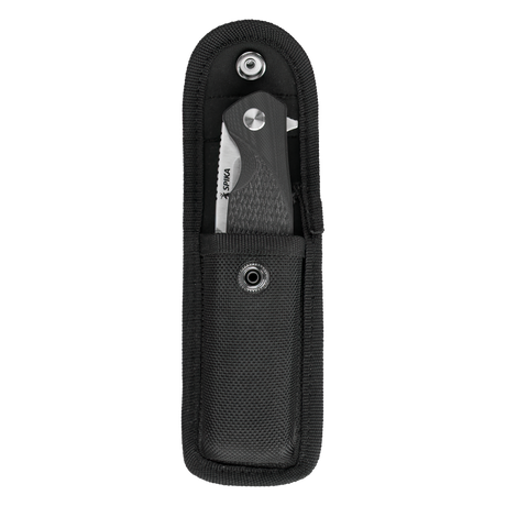 Spika Bushmaster Raider folding knife sitting in its open black nylon belt pouch, flap lifted