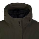 Spika Reign women's jacket in Olive Summit/Black, close-up of the hood and SPIKA storm flap