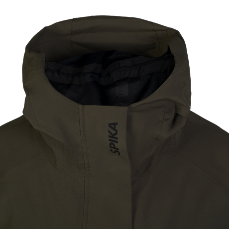 Spika Reign women's jacket in Olive Summit/Black, close-up of the hood and SPIKA storm flap