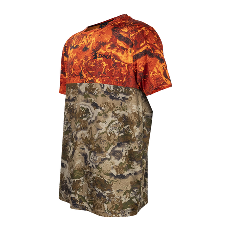 Spika Trail men's T-shirt in Biarri Blaze, side view with Spika logo on the blaze shoulder