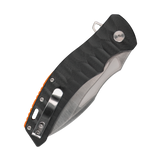 Spika Bushmaster Viper folding knife closed, pocket clip side of the black textured handle