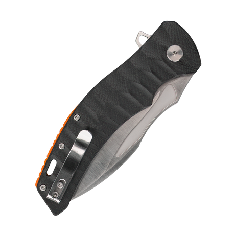 Spika Bushmaster Viper folding knife closed, pocket clip side of the black textured handle