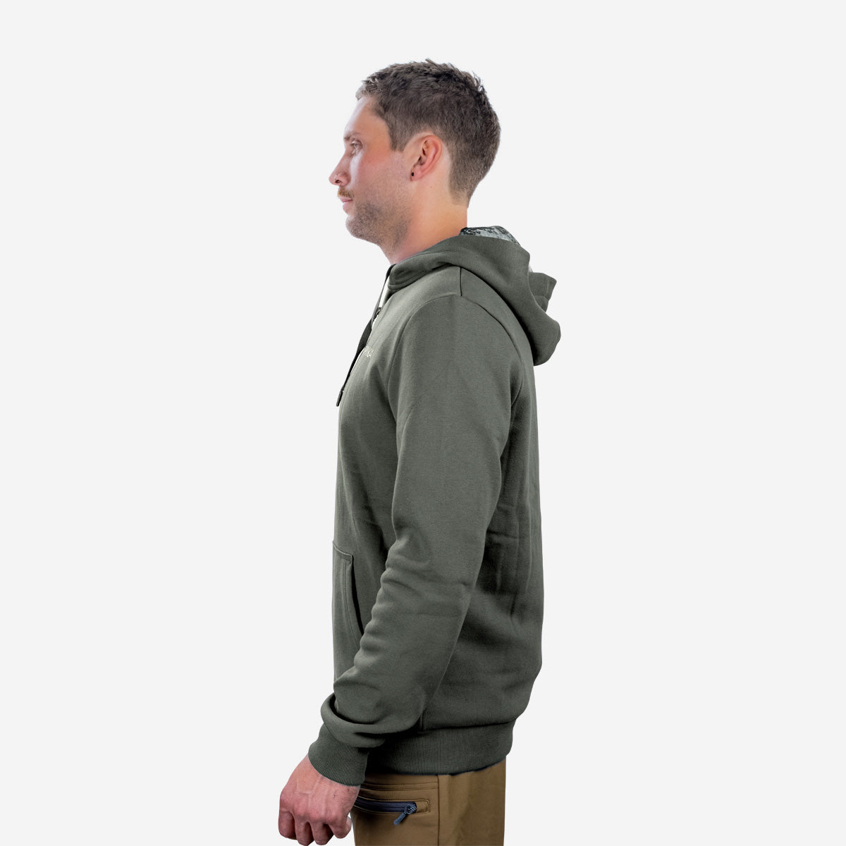 Model wearing the Spika GO Core men's olive zip-through hoodie, full side profile showing the hood