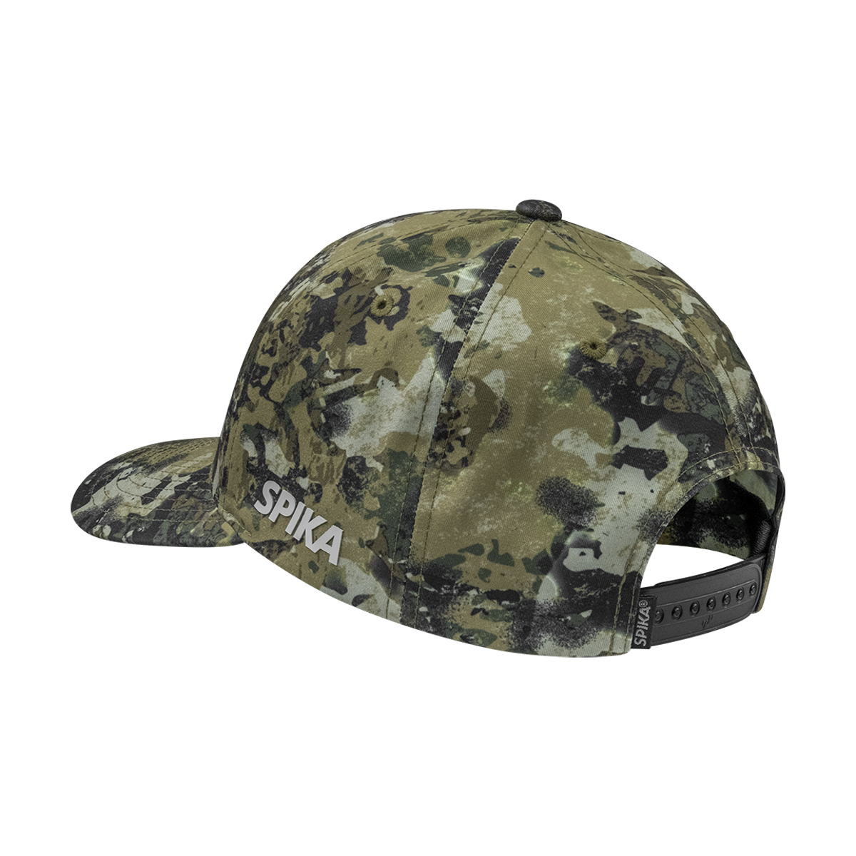 Spika Ranger adult Flexfit cap in Biarri Camo, rear view with SPIKA side print and strap