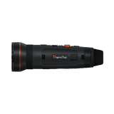 ThermTec Wild 650DL Pro thermal monocular, side profile showing ThermTec logo and flared objective housing