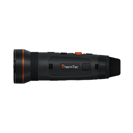 ThermTec Wild 650DL Pro thermal monocular, side profile showing ThermTec logo and flared objective housing