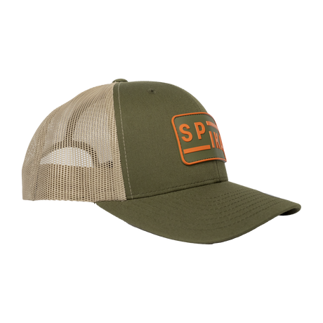 Spika Urban Waypoint trucker cap in Olive/Tan, side view of olive front and tan mesh back
